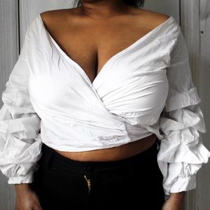 White wide sleeve self tie top